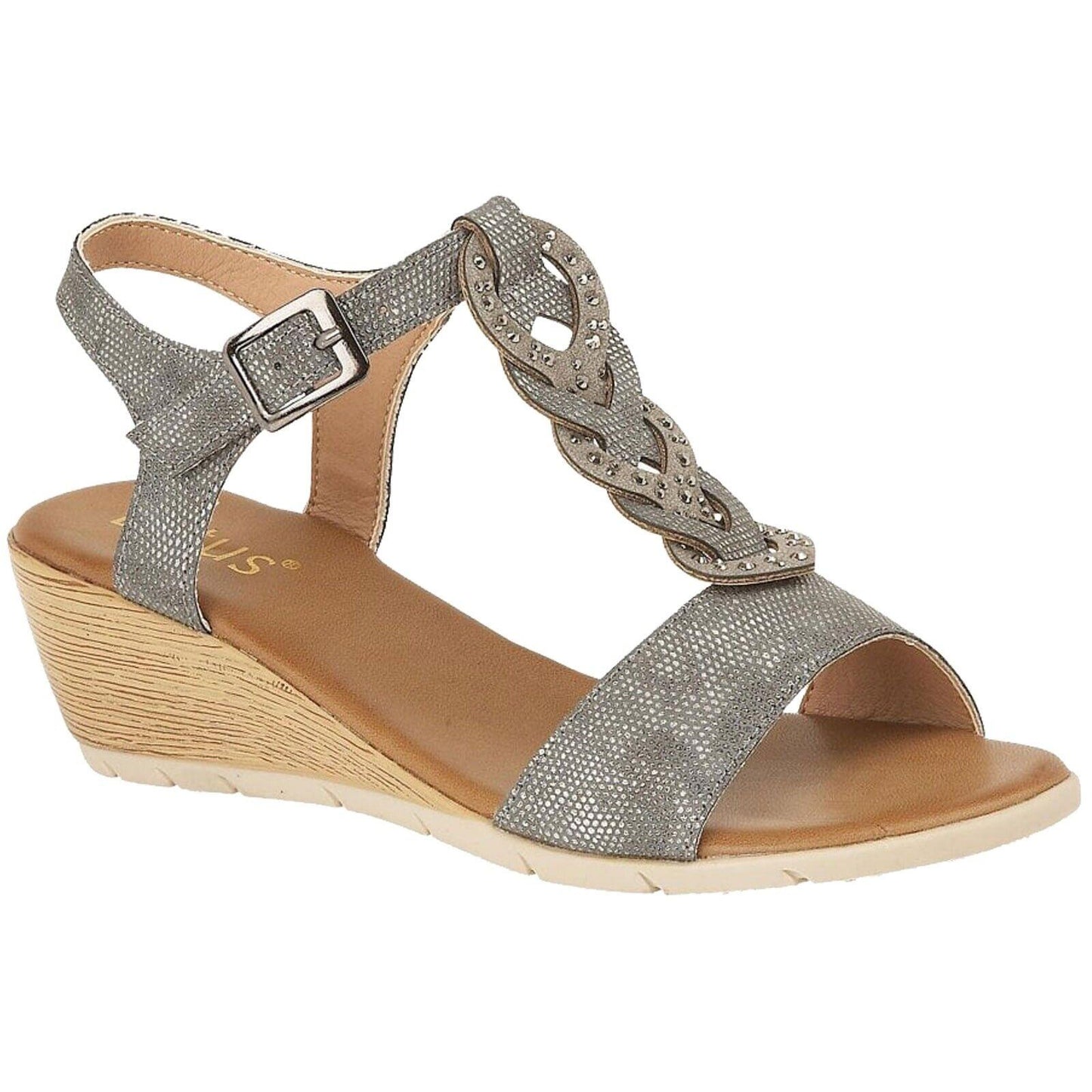 LADIES LOTUS ORTA PEWTER FAUX REPTILE OPEN TOE LOW HEELED WEDGE SANDALS ULP005