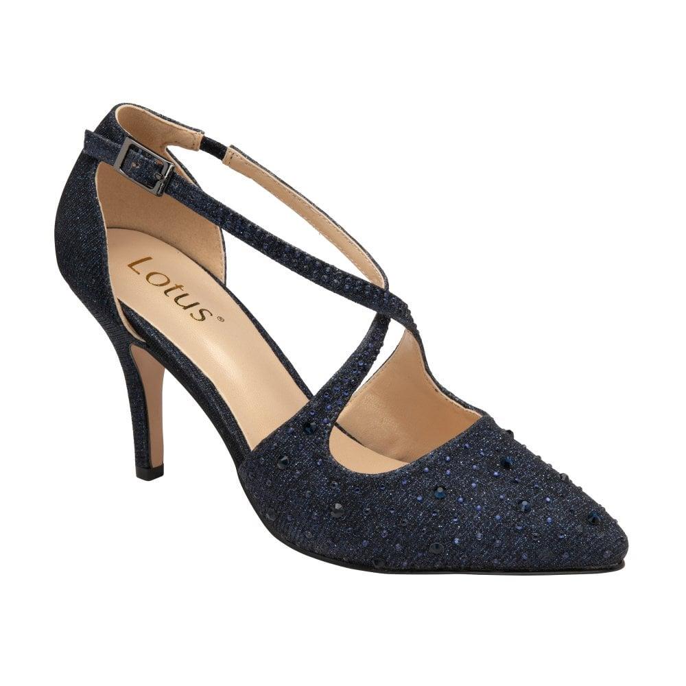 Lotus Ladies Panache Navy Diamante Cross Over Prom Occasion Stiletto Court Shoes