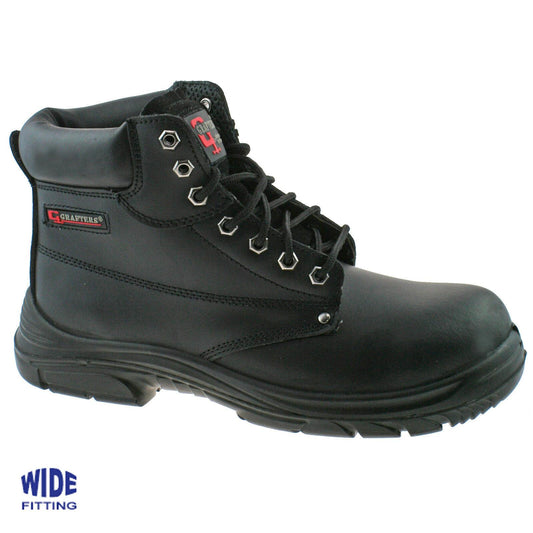 Mens Grafters Black Leather Wide Fitting Safety Work Boots Size 6–13 M9503A