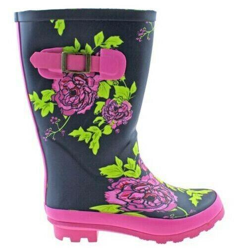 Girls Navy/Pink Floral Wellies Waterproof Wellington Boots W412C