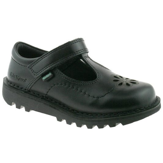 Girls Infants Kickers Kick T Flutter Black Leather T Bar Shoes 114122