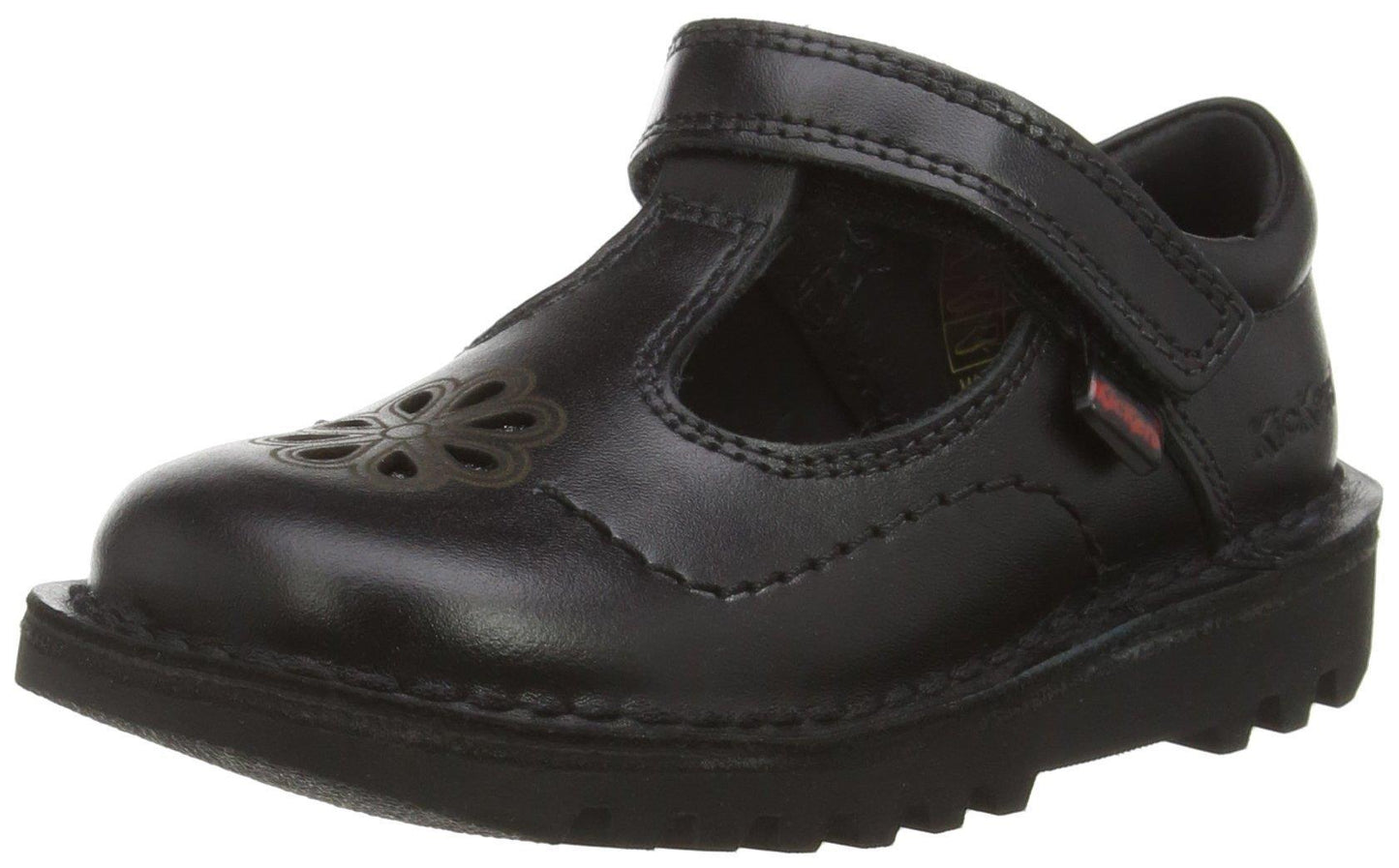 Girls Infants Kickers Kick T Flutter Black Leather T Bar Shoes 114122