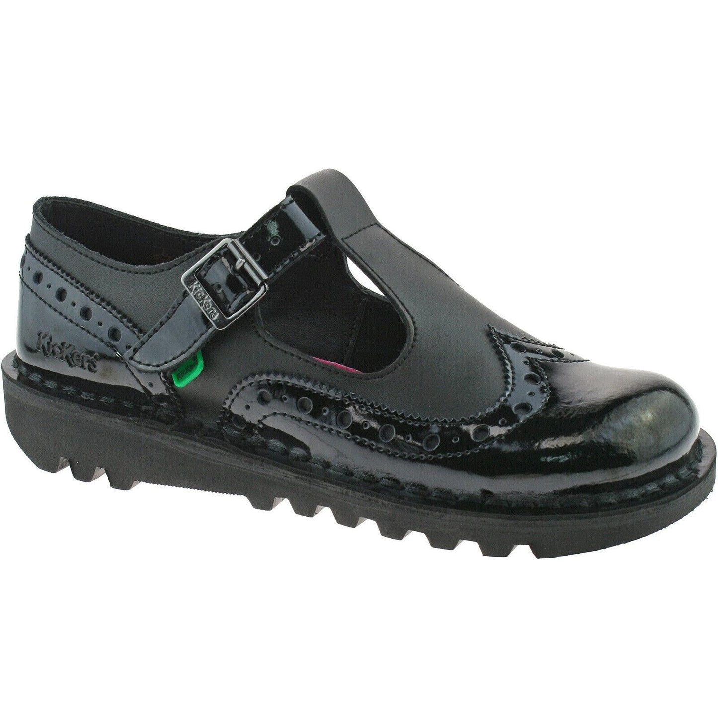 Ladies Kickers Kick T-bar Brogue Black Patent Leather School Shoes Girls 1-12767