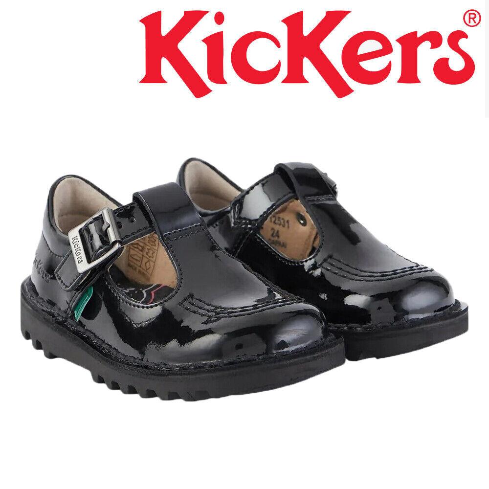Girls Infants Kickers Kick T Black Patent Leather School Shoes 1-12531