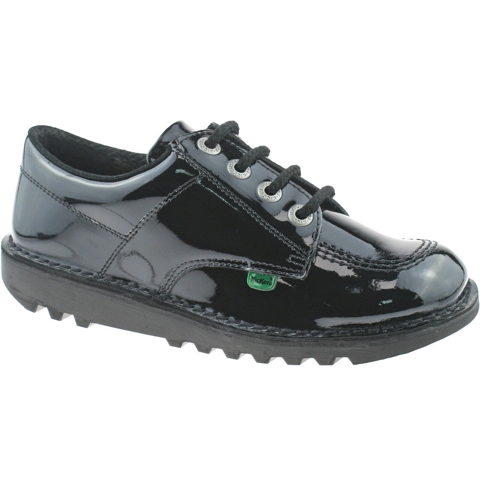 Girls Kickers Black School Shoes Youths Patent Kick Lo 1-13499 – Hirst ...