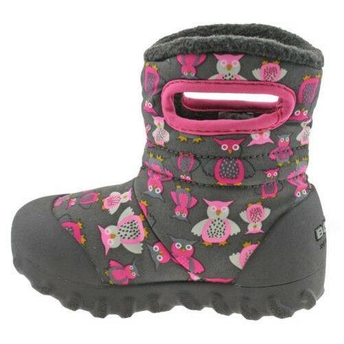 Girls Baby Bogs Puff Owl Dark Grey Pink Insulated Warm Lined Wellies Boots 720141