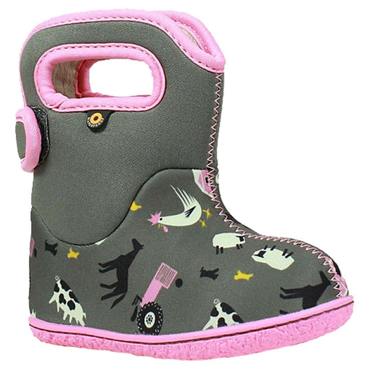 Girls Baby Bogs Farm Grey/Pink Insulated Washable Warm Wellies Boots 722981