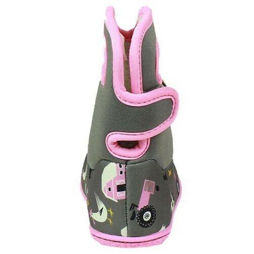 Girls Baby Bogs Farm Grey/Pink Insulated Washable Warm Wellies Boots 722981