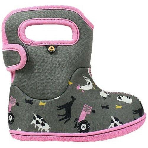 Girls Baby Bogs Farm Grey/Pink Insulated Washable Warm Wellies Boots 722981