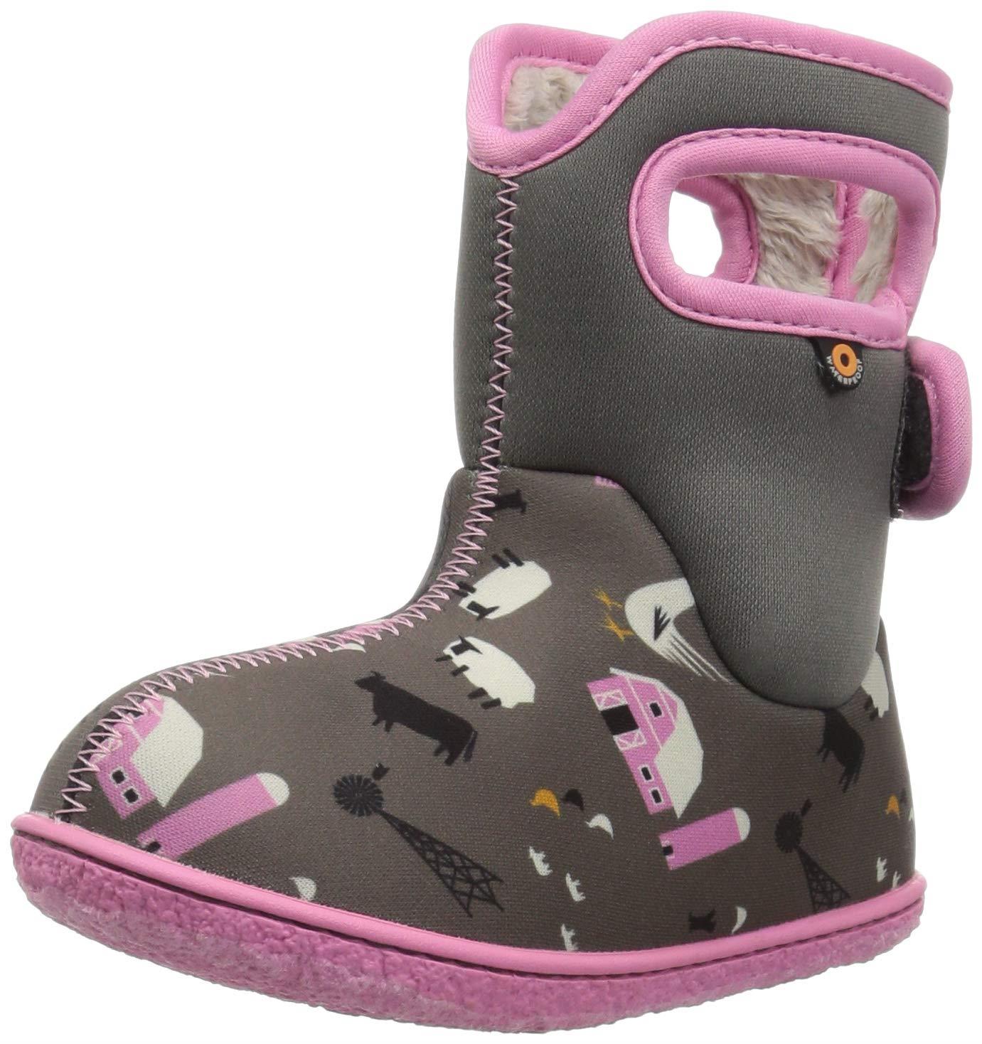 Girls Baby Bogs Farm Grey/Pink Insulated Washable Warm Wellies Boots 722981