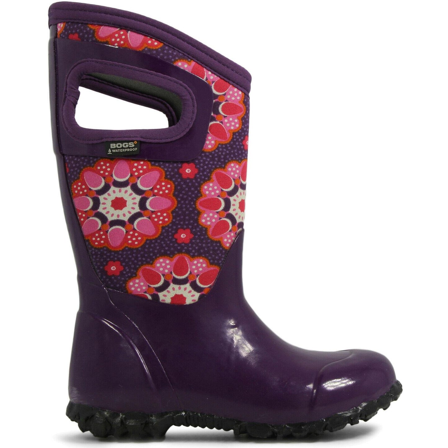 Girls Bogs Floral Kaleidoscope Insulated Warm Wellington Boot Black Purple 71842