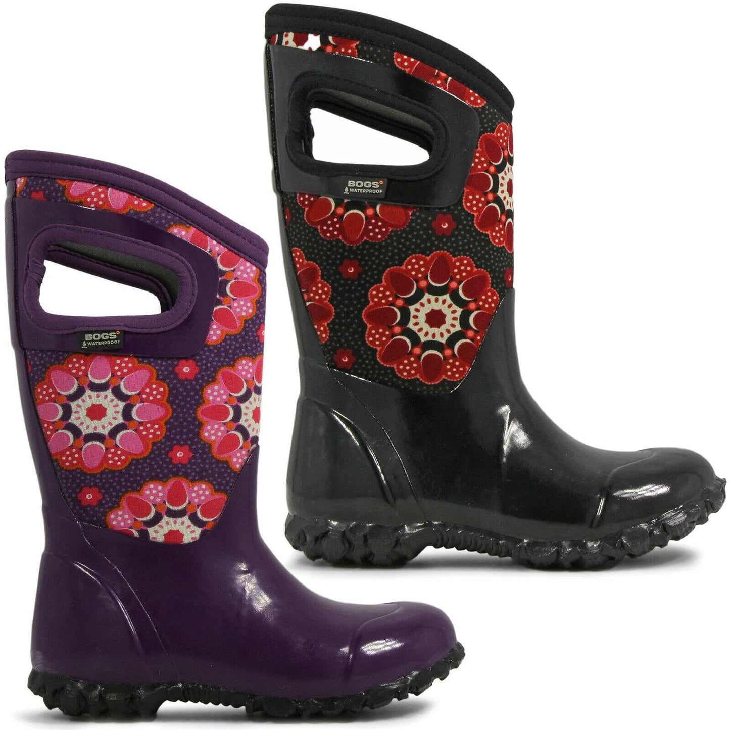 Girls Bogs Floral Kaleidoscope Insulated Warm Wellington Boot Black Purple 71842