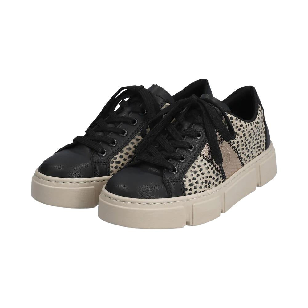 Rieker N5910-62 Beige Black Faux Leather Lace Up Trainers