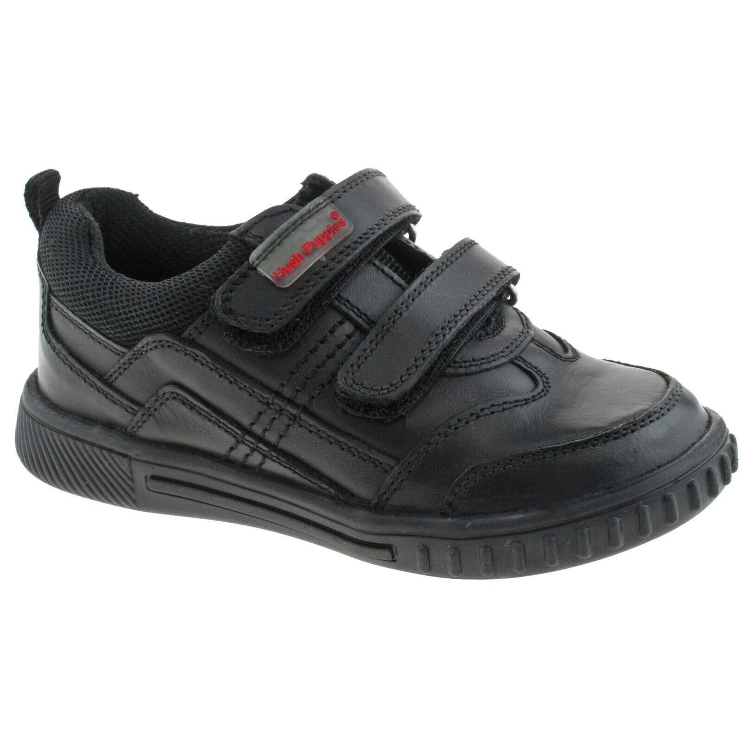Boys Hush Puppies Lionfish Black Leather Adjustable Double Strap School Shoes