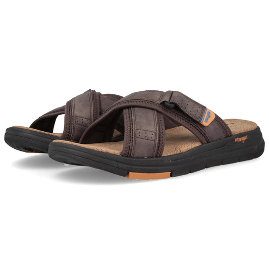 Wrangler Mens Cliff Cross Dark Brown Crossover Leather Slip On Sandals WM21132A