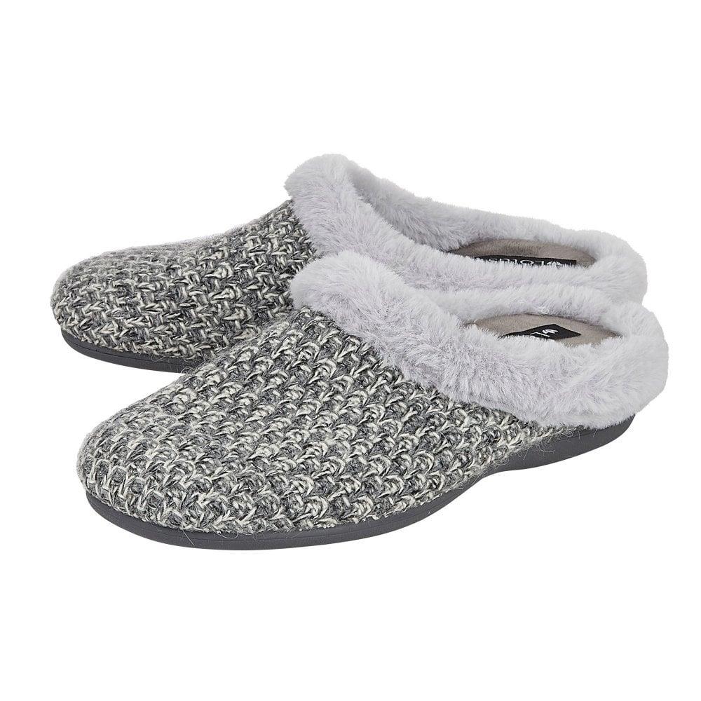 Lotus Ladies Ada Grey Faux Fur Textured Knit Slip On Mule Slippers