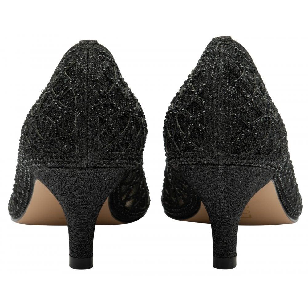 Lotus Love Black Sparkly Low Heeled Kitten Court Shoe Hirst Footwear