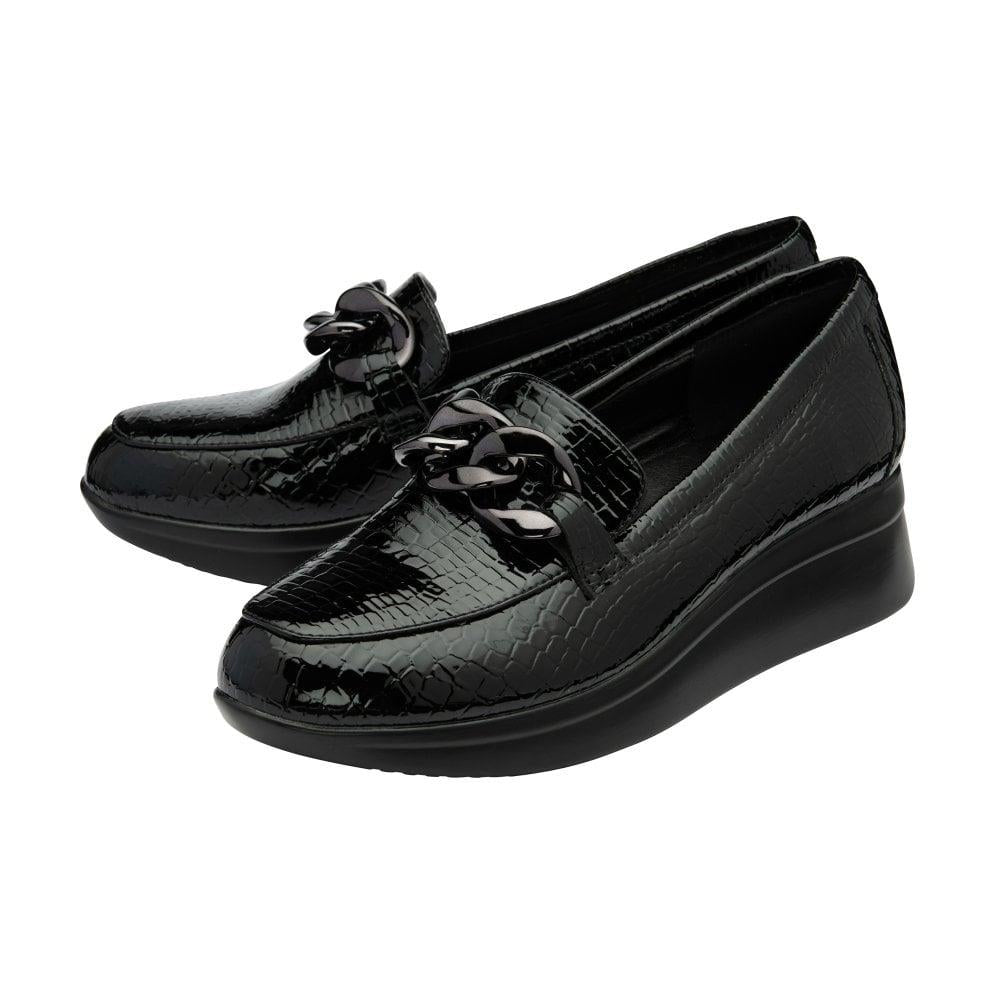 Lotus Preston Black Croc Wedge Loafers