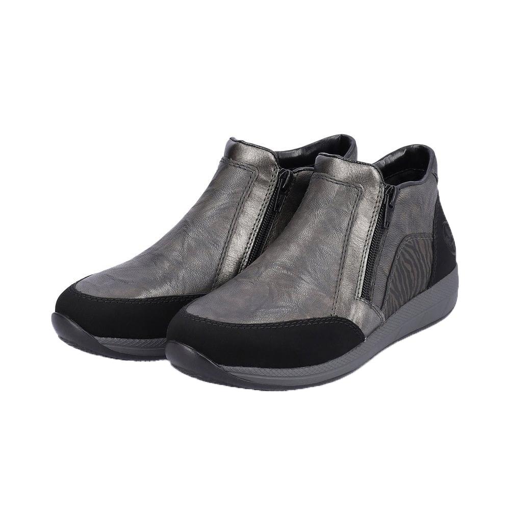 Rieker Womens N1152-42 Grey Black Double Side Zip Easy On Ankle Boots