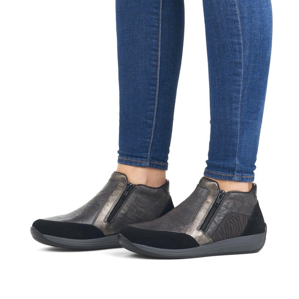 Rieker Womens N1152-42 Grey Black Double Side Zip Easy On Ankle Boots