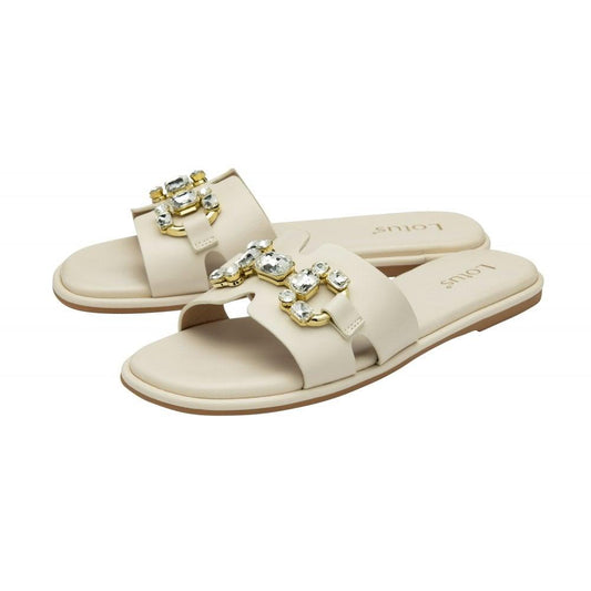 Lotus Ladies Fano White Crystal Slip On Flat Faux Leather Sandals