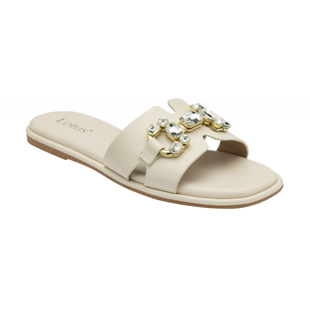 Lotus Ladies Fano White Crystal Slip On Flat Faux Leather Sandals