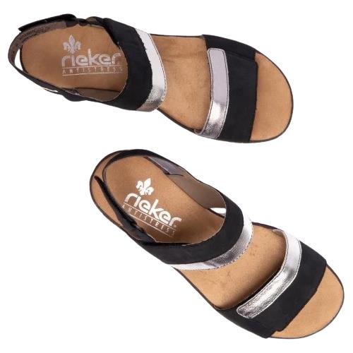 Rieker Womens V36B9-14 Black Silver Nubuck Leather Adjustable Low Wedge Sandals