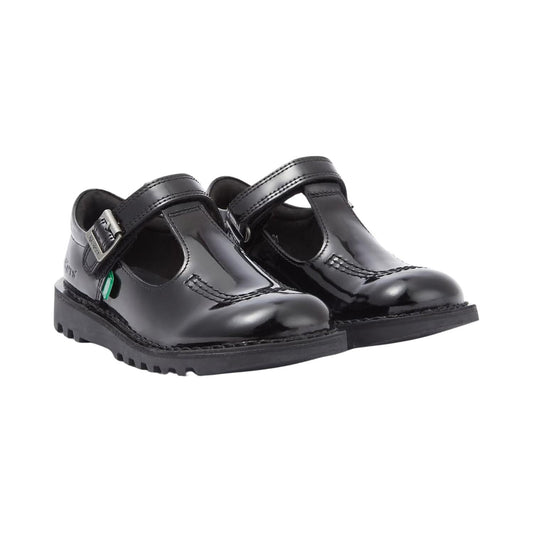 Kickers Youths Girls Kick T Velcro Black Patent Leather Adjustable School Shoes