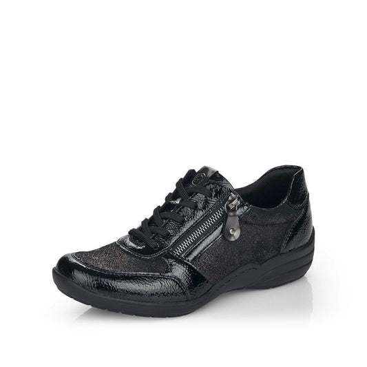 Remonte Womens R7637-03 Black Patent Leather and Shimmer Wide Fit Casual Shoes