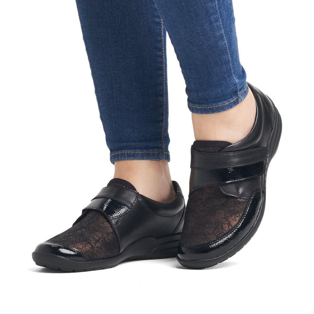 Remonte Womens R7600-03 Black Leather & Textile Extra Wide Adjustable Shoes