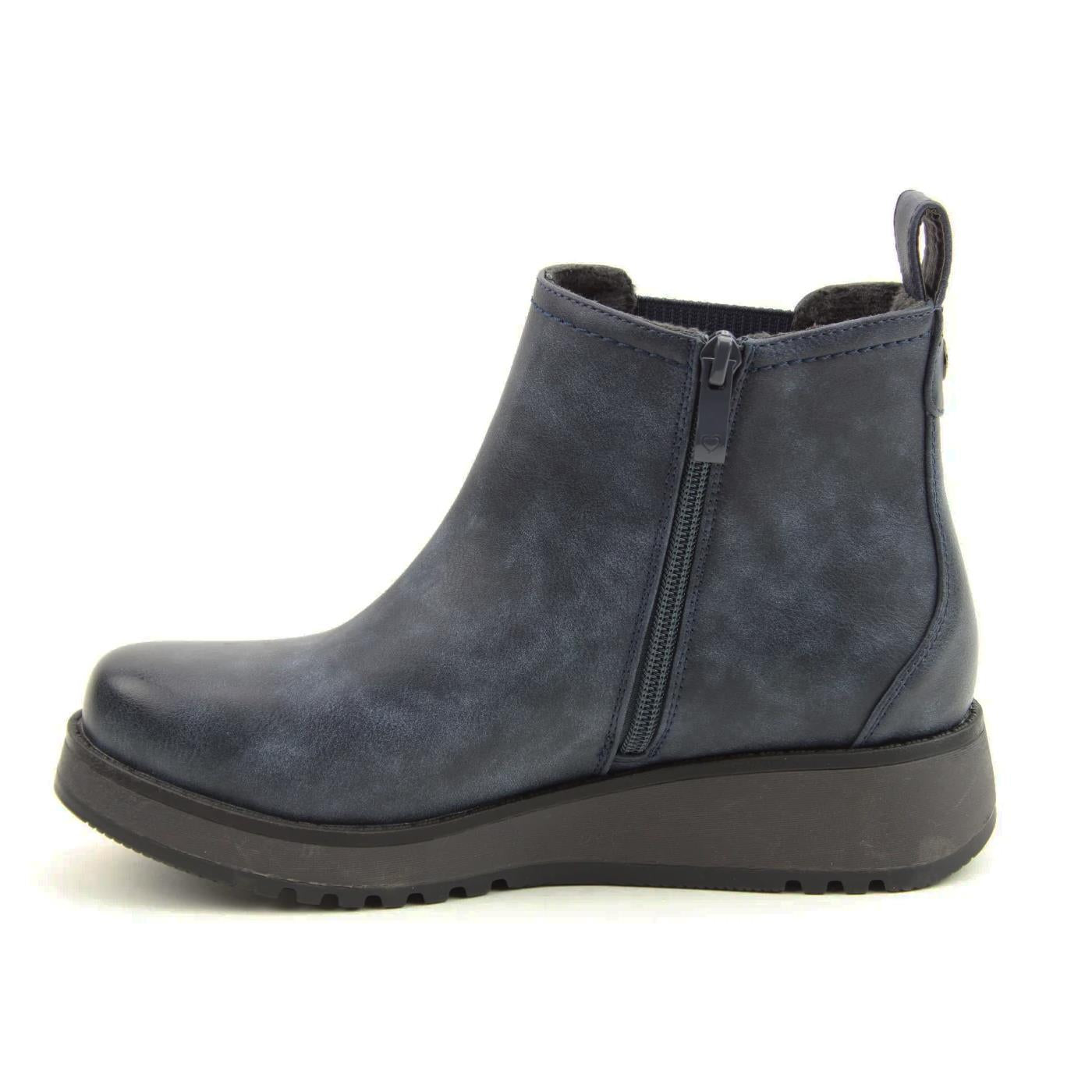 Heavenly Feet Womens New Rolo Navy Low Wedge Faux Leather Vegan Ankle Boots