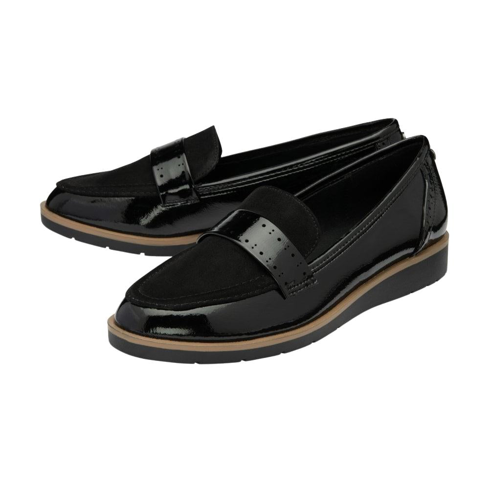 Lotus Cambridge Black Slip On Wedge Loafer Shoes