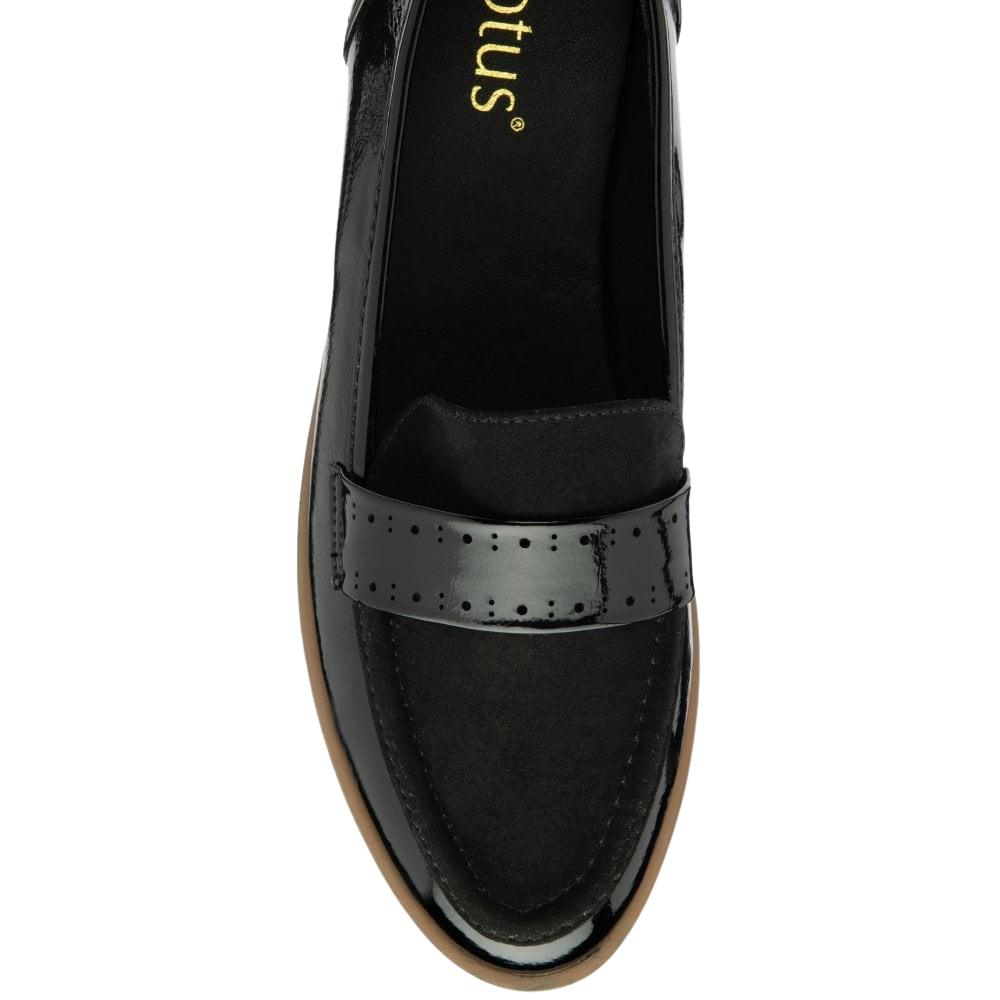 Lotus Cambridge Black Slip On Wedge Loafer Shoes