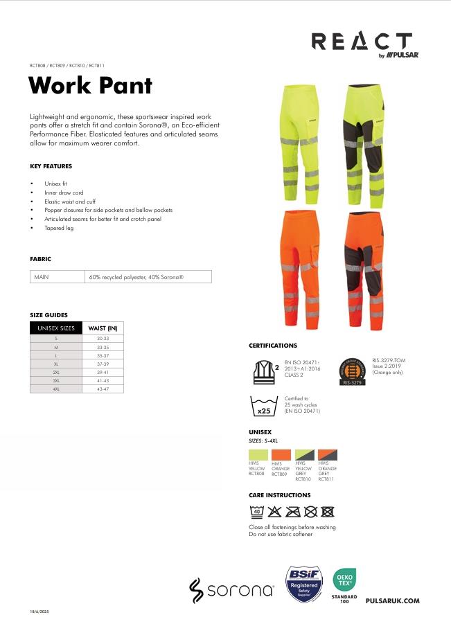 PULSAR® React Hi-Vis Unisex GRS Hybrid CL2 Work Pants