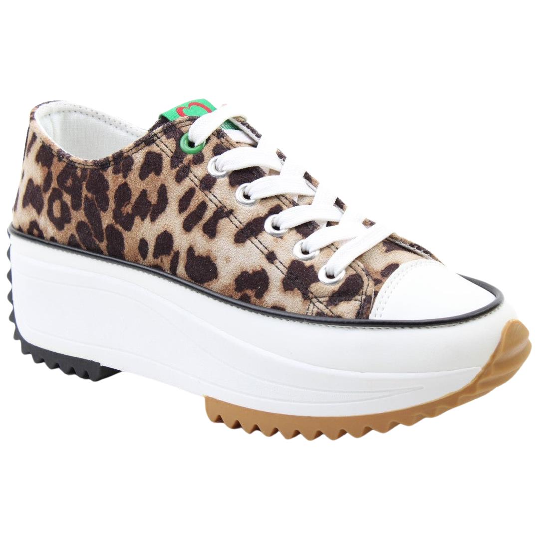 Heavenly Feet Womens Brown Cheetah Platform Lace Up Trainers