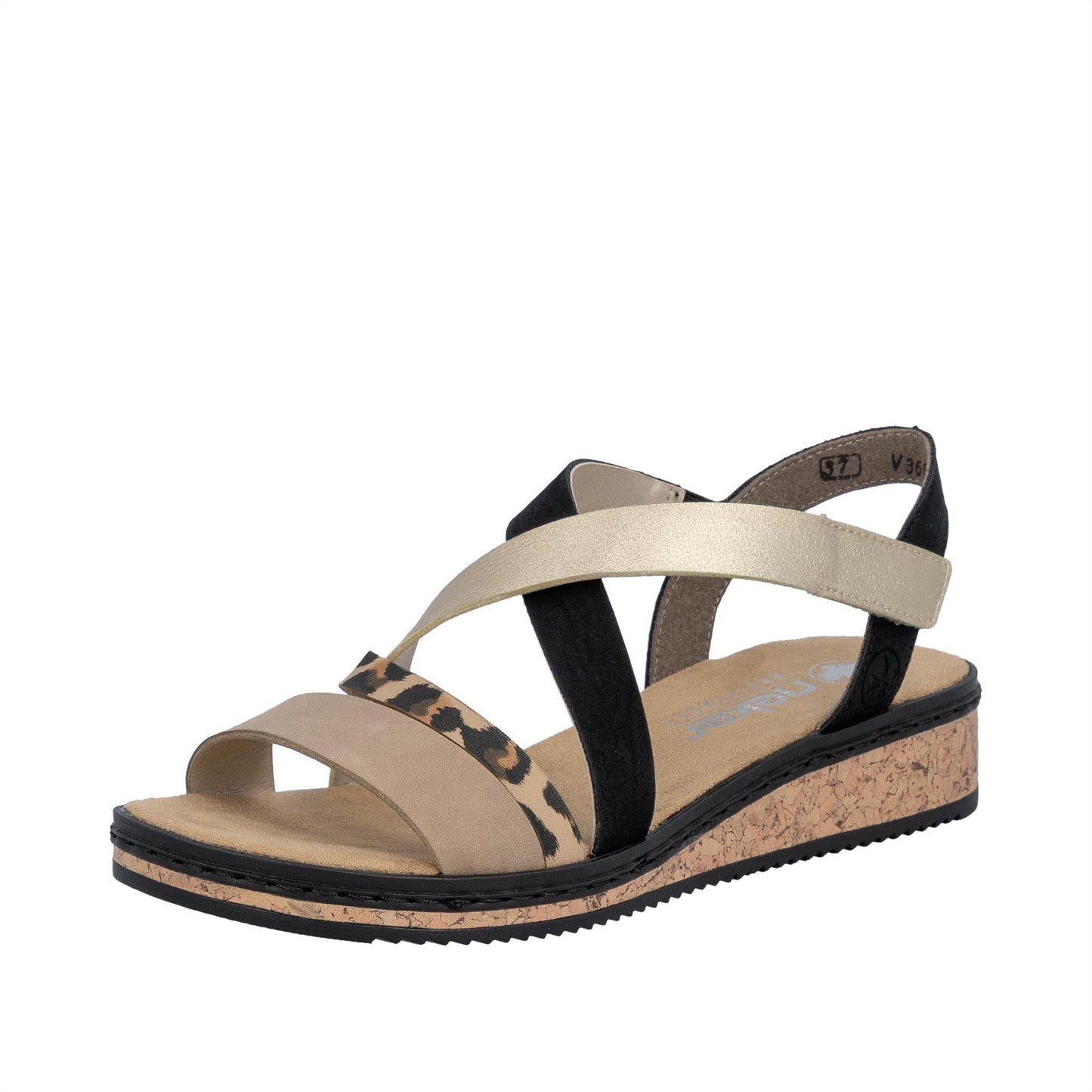 Rieker Womens Wedge Sandals Black Leopard V3663