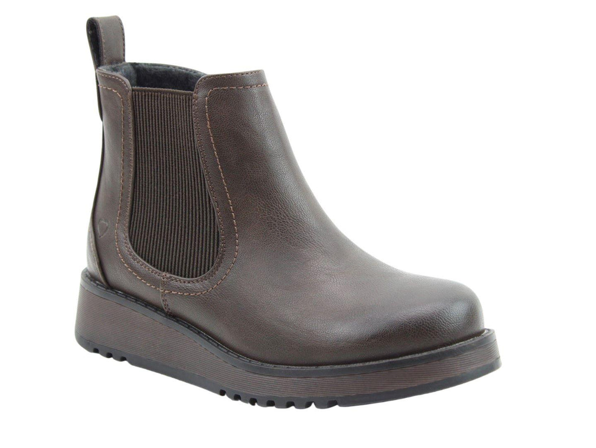Heavenly Feet Womens New Rolo 2 Chocolate Low Wedge Faux Leather Ankle Boots