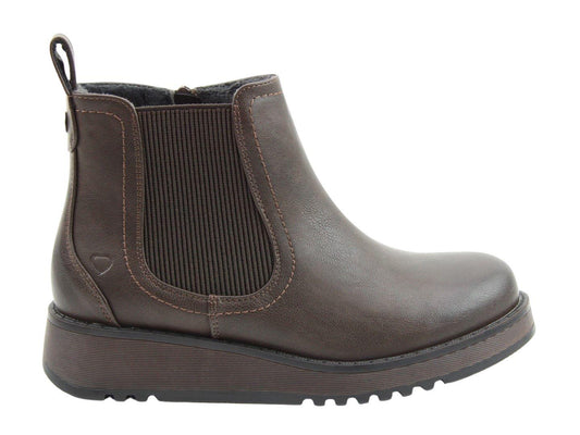 Heavenly Feet Womens New Rolo 2 Chocolate Low Wedge Faux Leather Ankle Boots