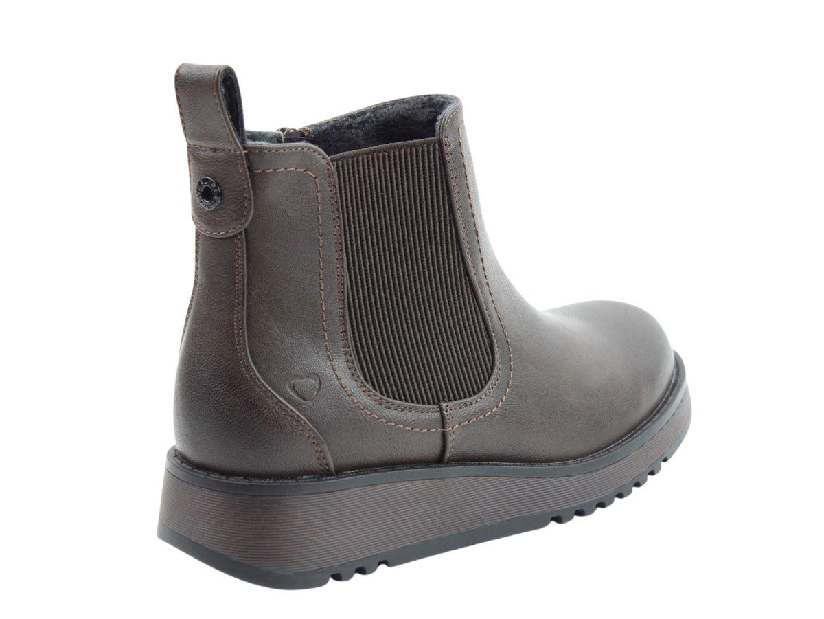 Heavenly Feet Womens New Rolo 2 Chocolate Low Wedge Faux Leather Ankle Boots