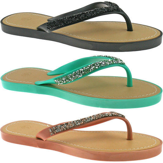 LADIES CASUAL SUMMER SANDALS FLIP FLOPS SIZE UK 3 - 8 BLACK GREEN NUDE LP3835