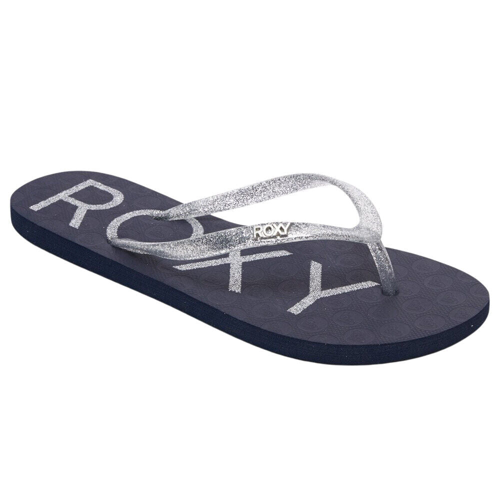 Roxy Ladies Viva Sparkle Navy Silver Glitter Flip Flops Beach Toe Post Sandals