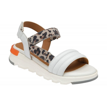 Lotus Verena White/Leopard Leather Adjustable Strap Low Wedge Sandals